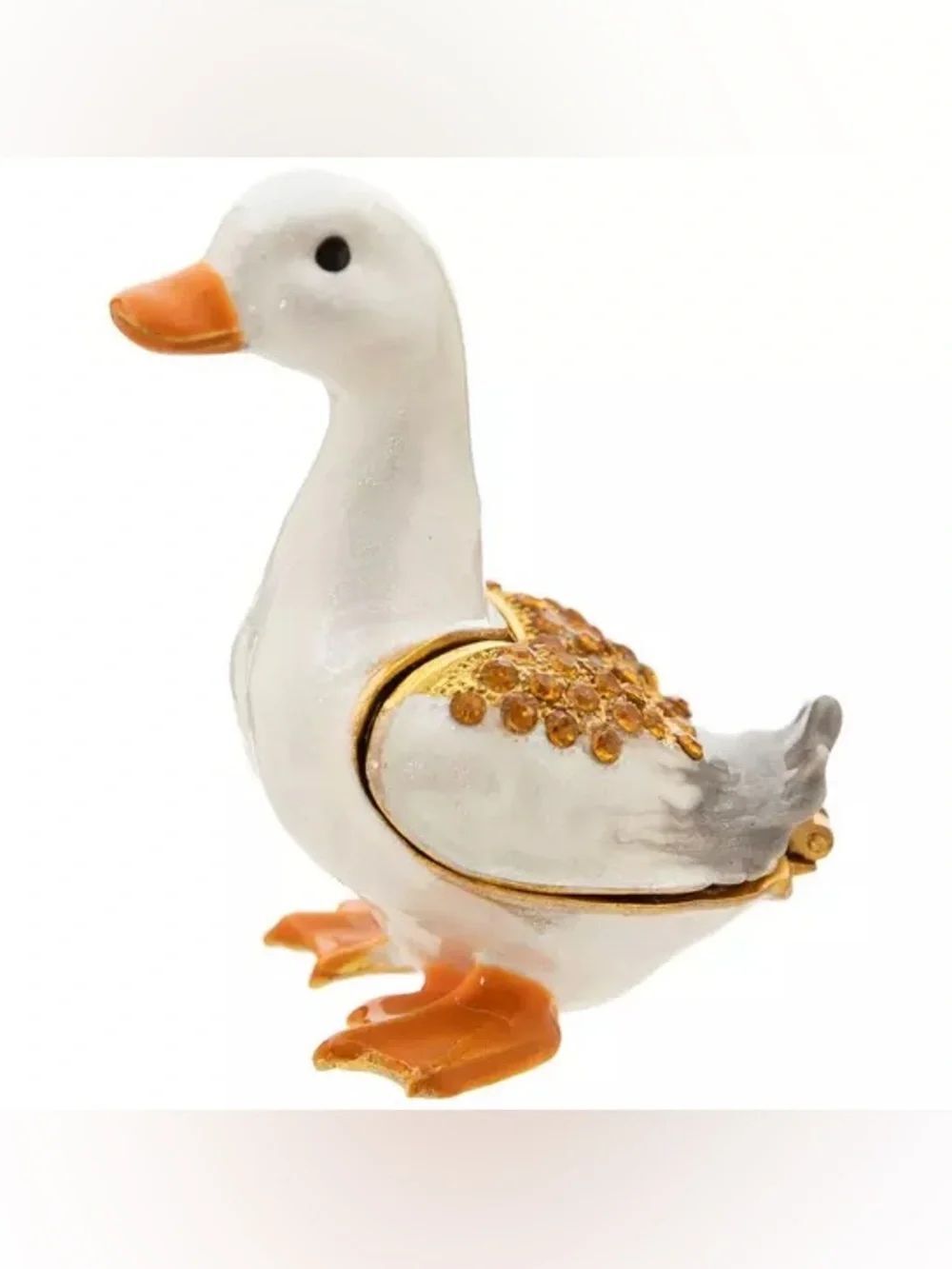New White and Orange Duck Jewelry Trinket Box with Gold Accents